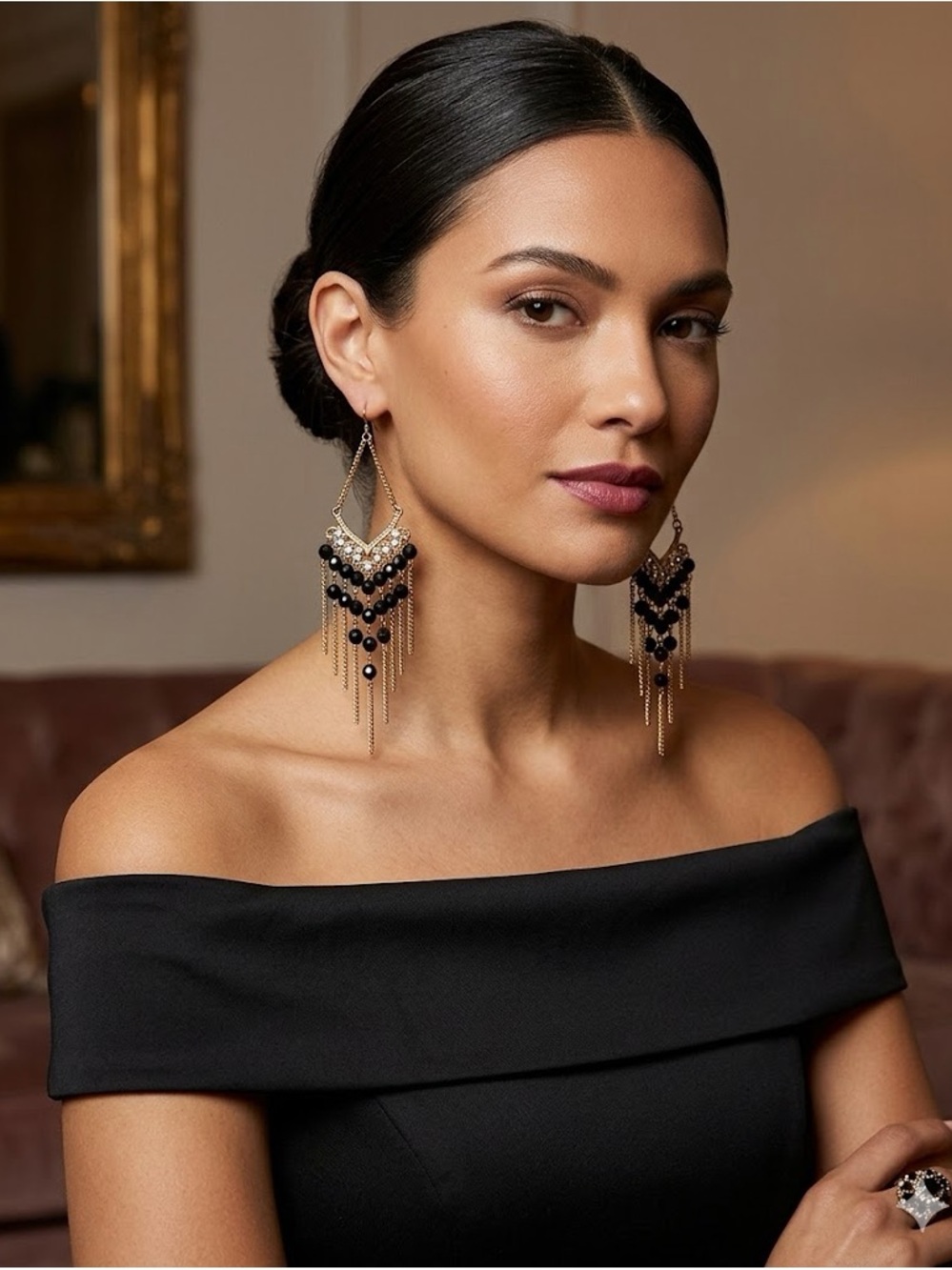 Black and Gold Dangly Sparkle Statement Earrings